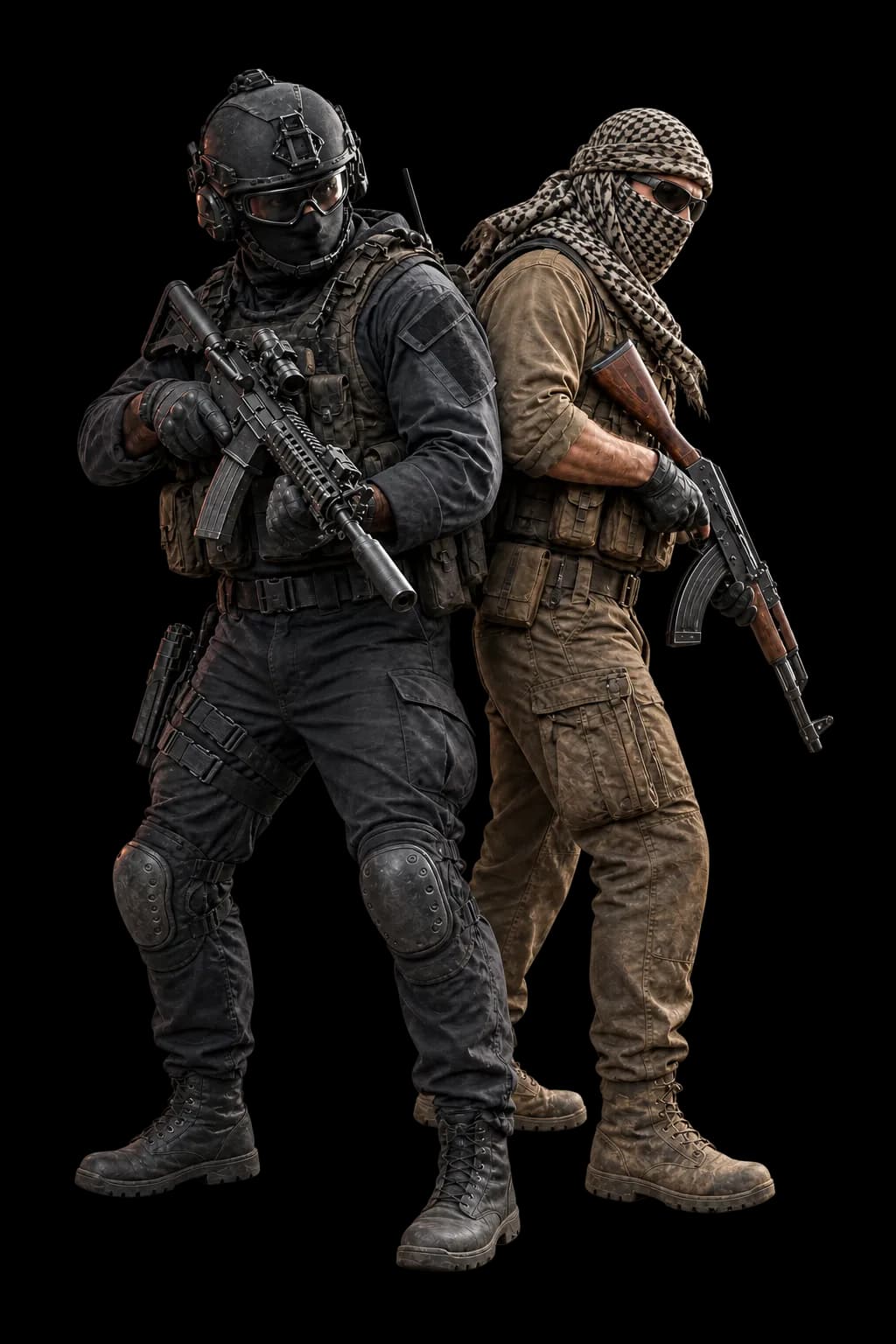 Two opposing tactical operatives standing back to back