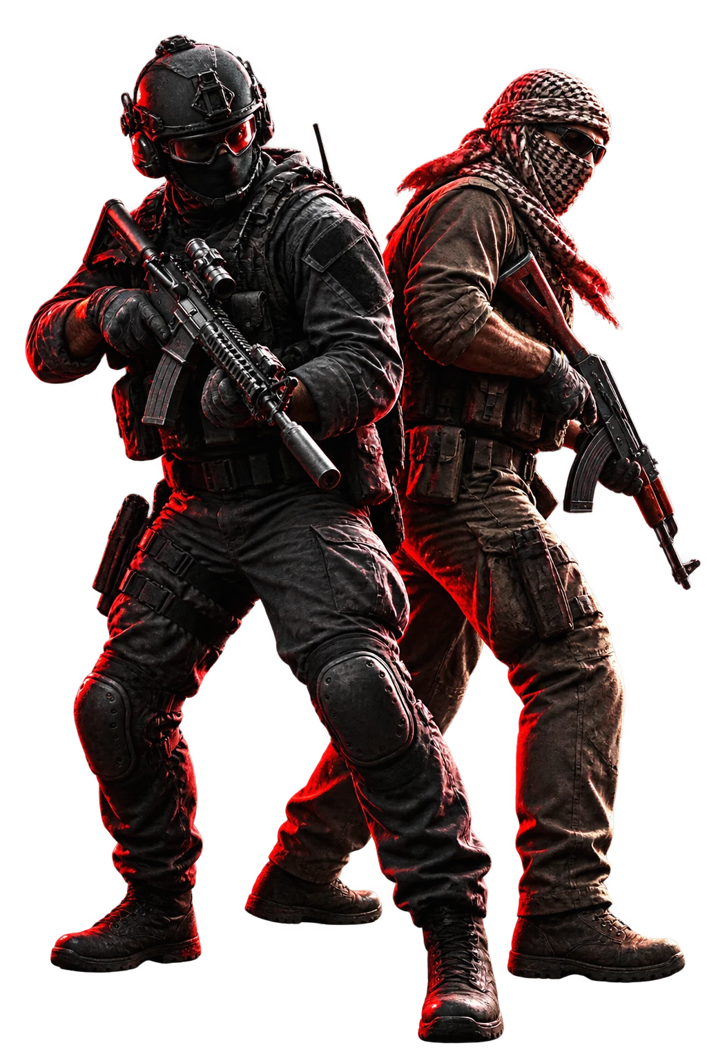 Two rival tactical FPS operatives standing back-to-back